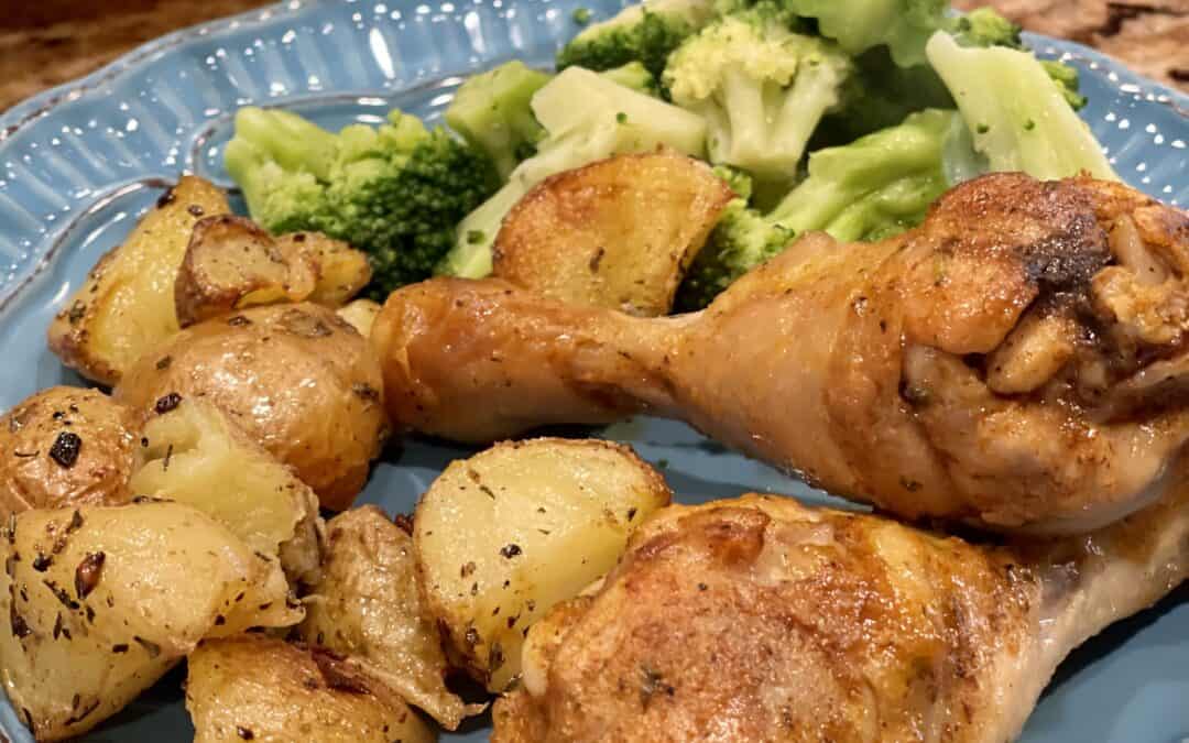 Roasted Juicy Drumsticks with Garlic Rosemary Potatoes Dinnerin