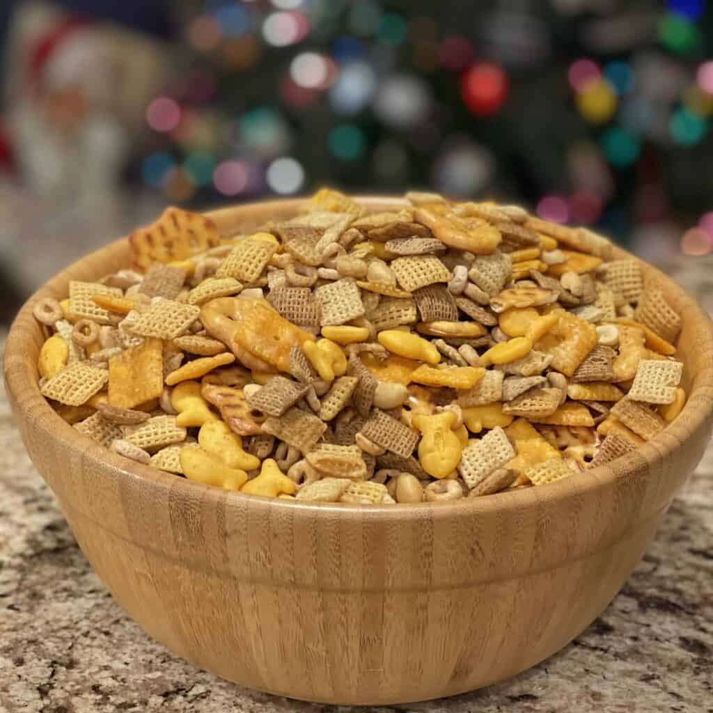 A bowl of chex mix.