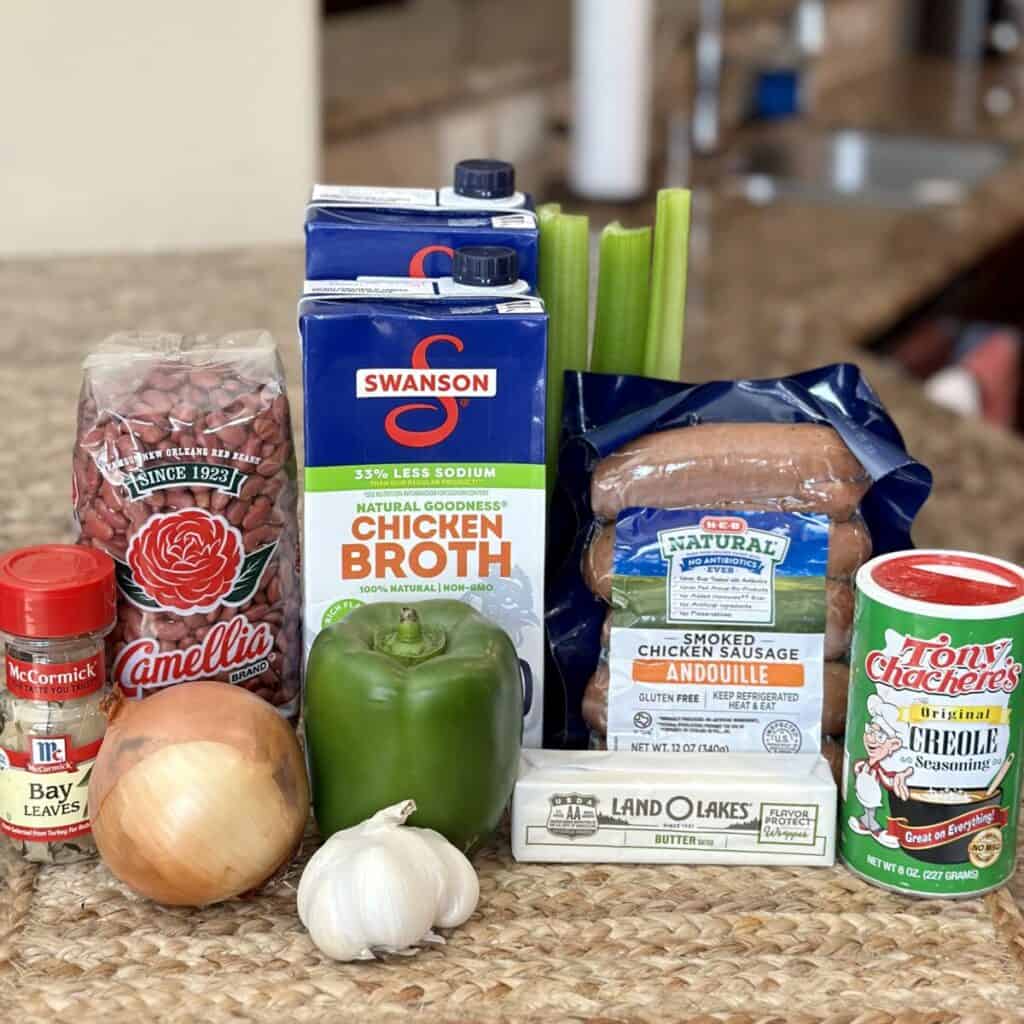 The ingredients to make red beans and rice.