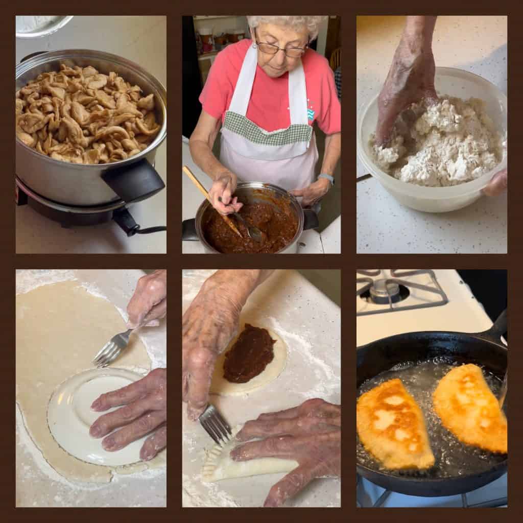 a collage of preparing fried apple pies