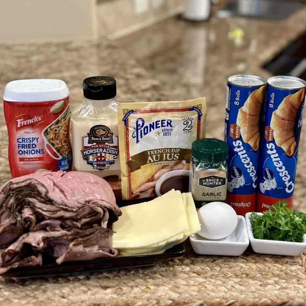 Ingredients to make a French dip crescent ring.