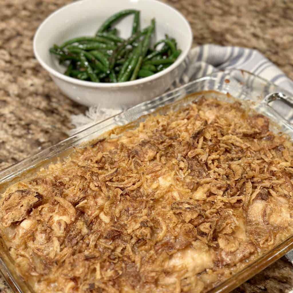 chicken and rice casserole topped with French onions