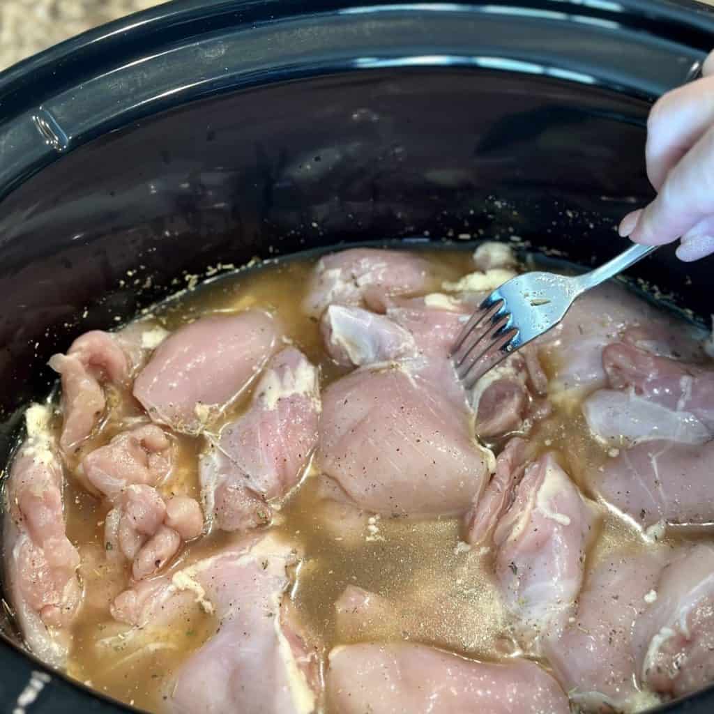 Adding chicken to a crockpot filled with broth.