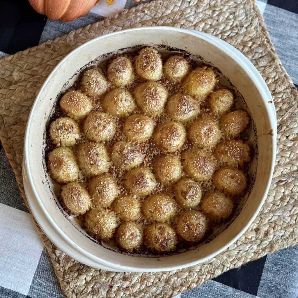 A baking dish full of cheesy potatoes.