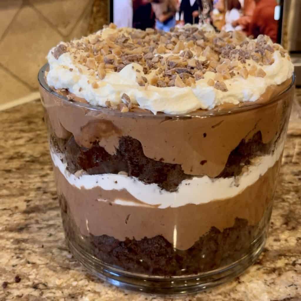 A completed chocolate toffee trifle.
