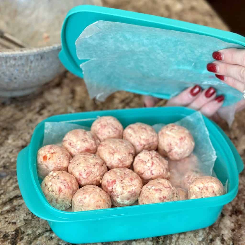 A container of sausage ball dough.