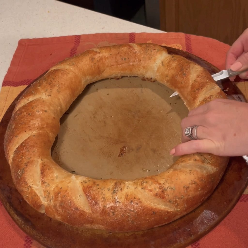 Slicing bread in half.