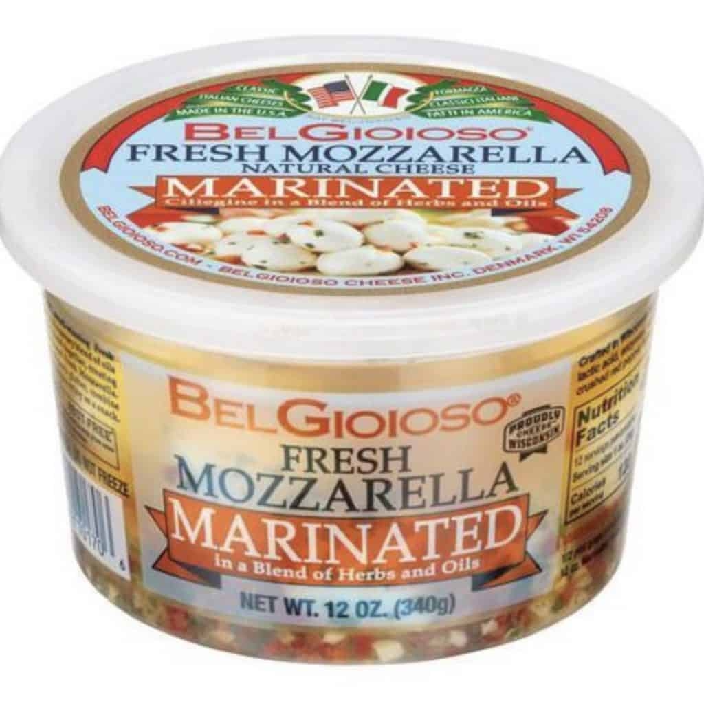 A container of marinated mozzarella balls.