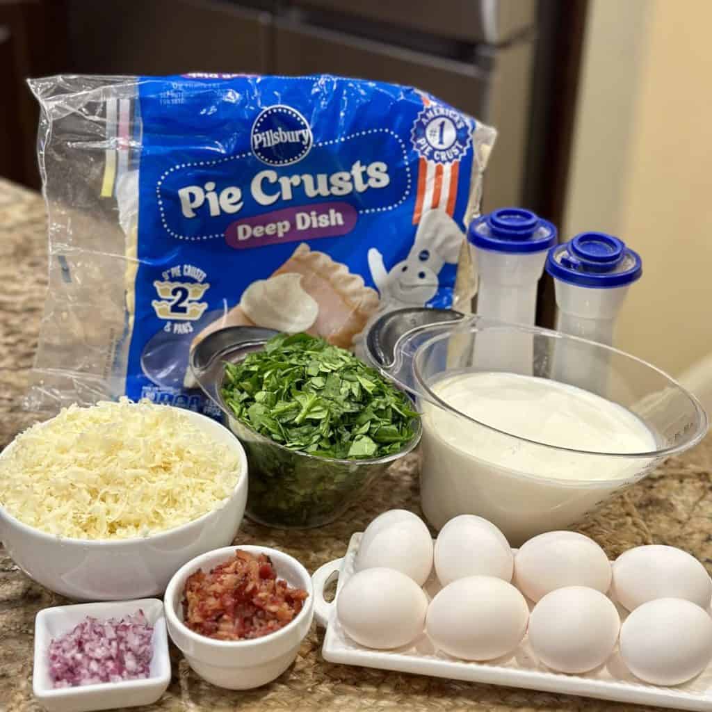 The ingredients to make a bacon spinach quiche.