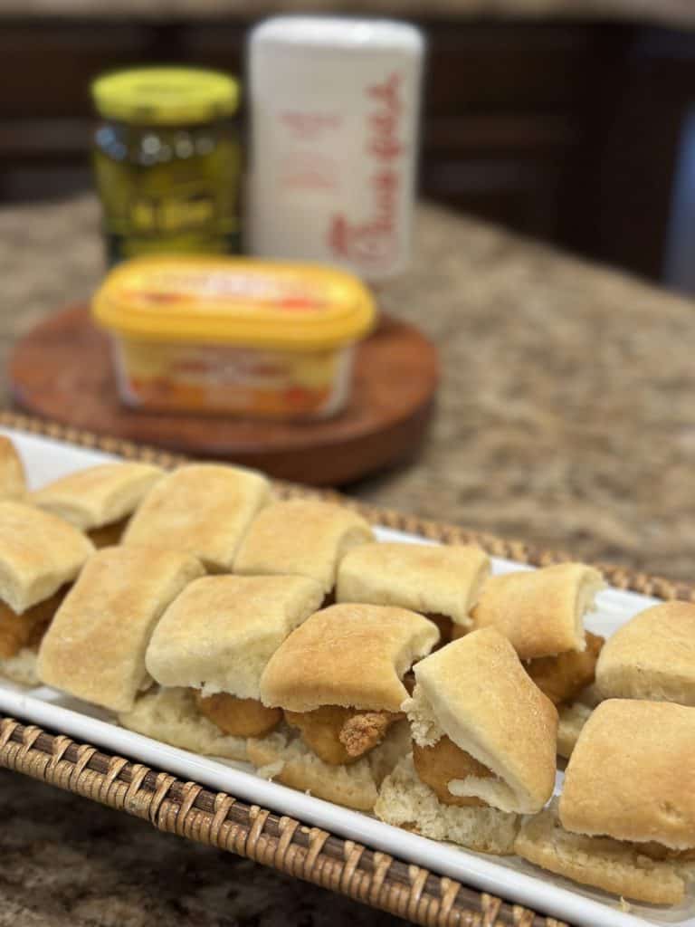 A plate of chick-fil-a mini chicken sandwiches. 