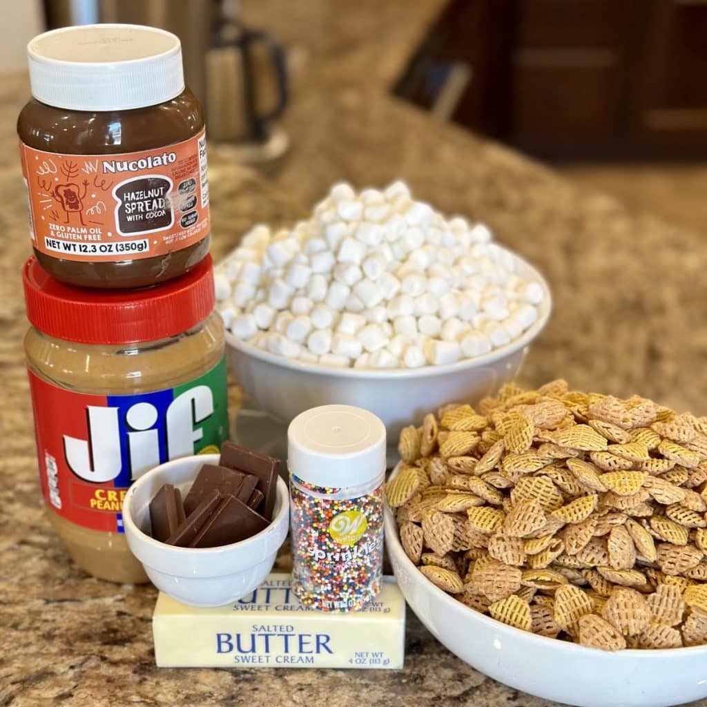 The ingredients needed to make  Peanut Butter Hazelnut Crispix Treats