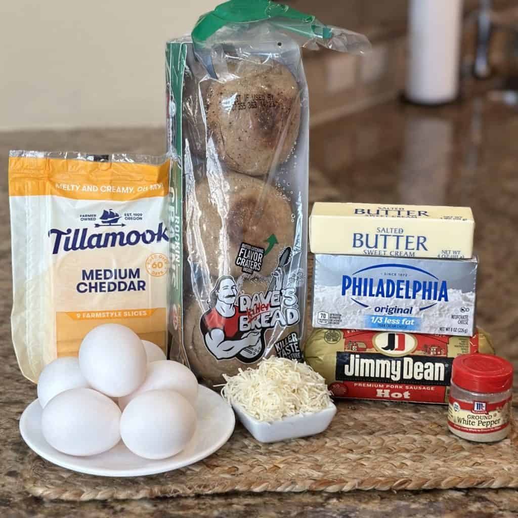 The ingredients to make a breakfast sandwich.