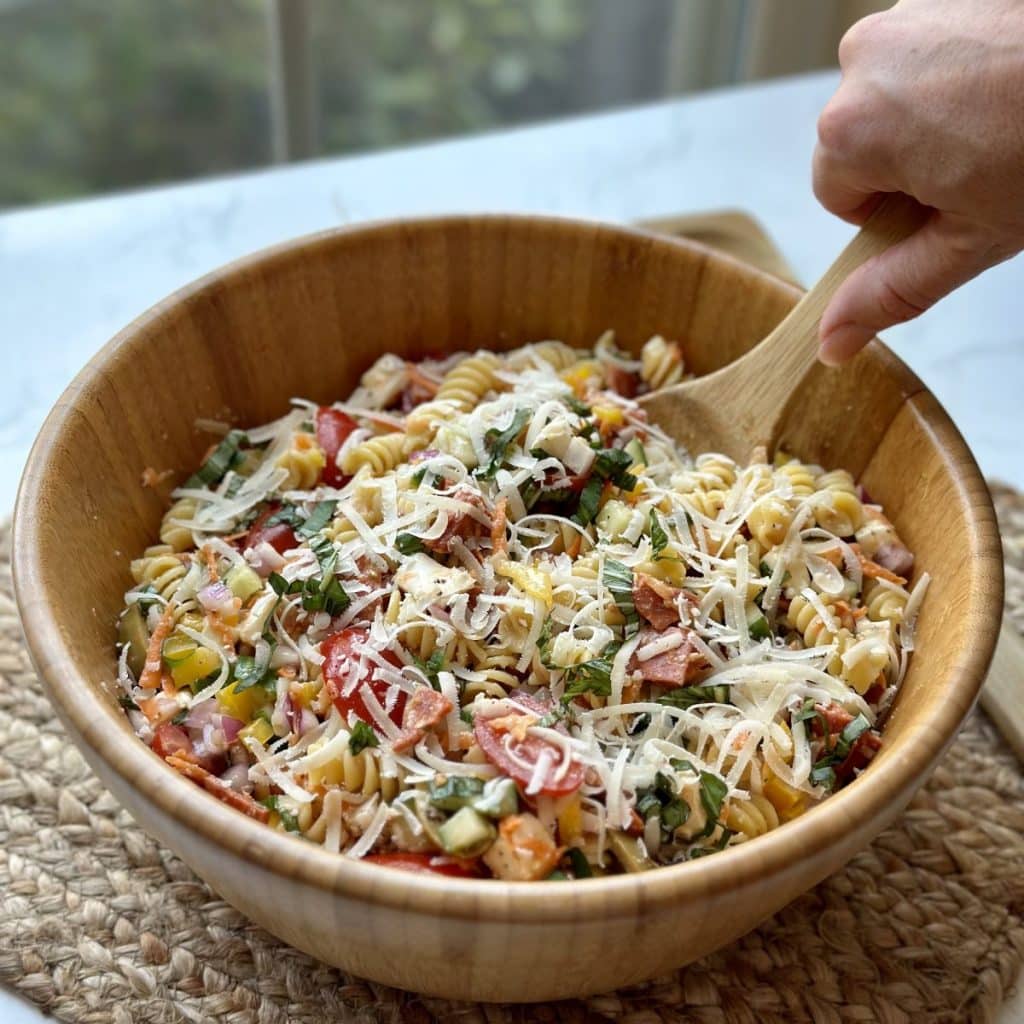 A bowl of pasta salad.