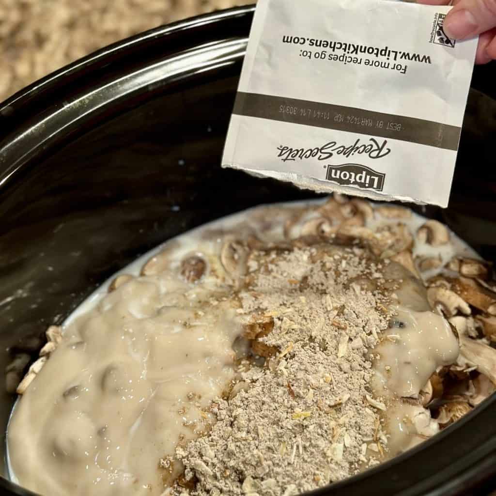 Adding a seasoning mix to a crockpot.