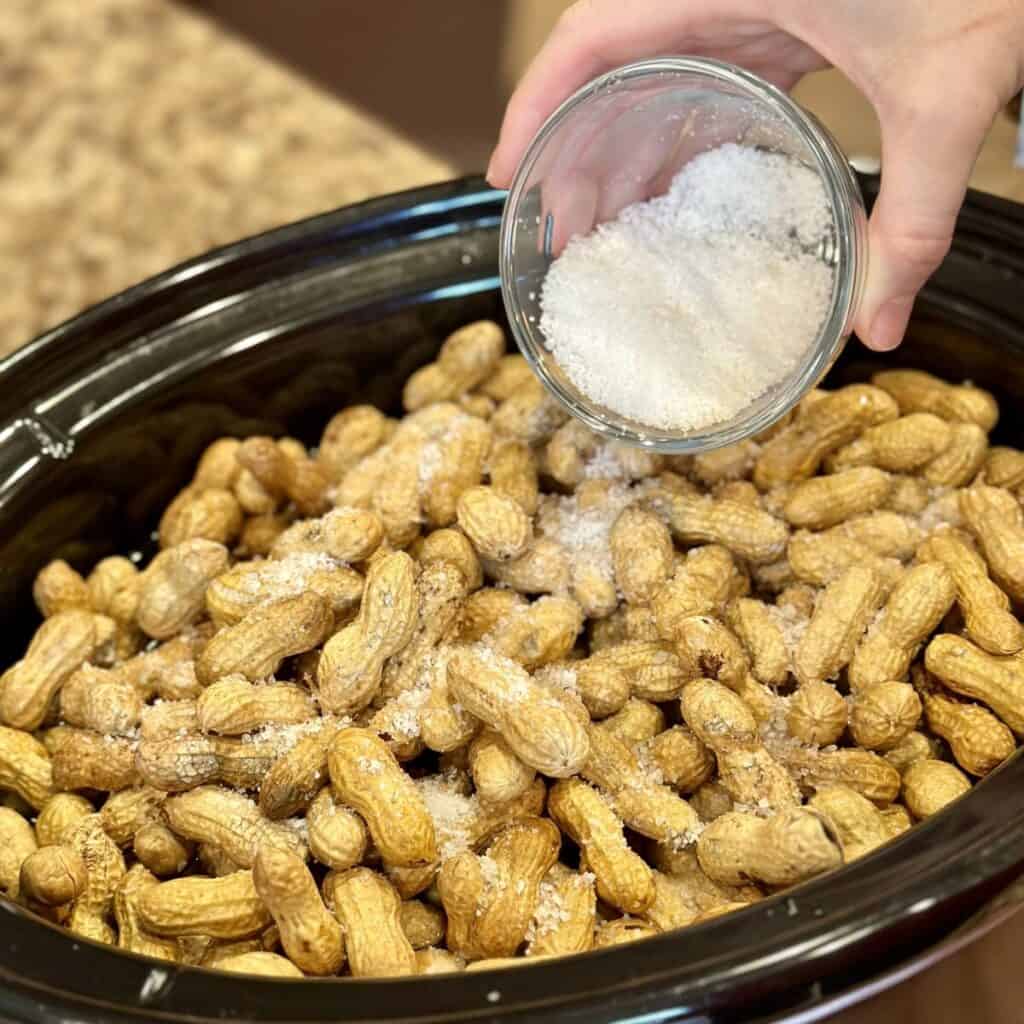 Adding salt to peanuts in a crockpot.
