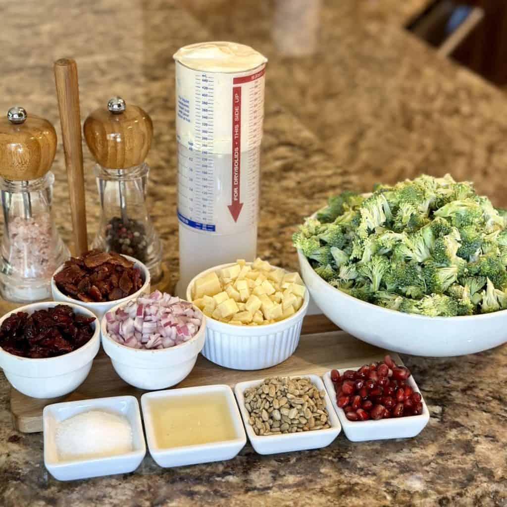 Ingredients displayed for holiday broccoli salad.