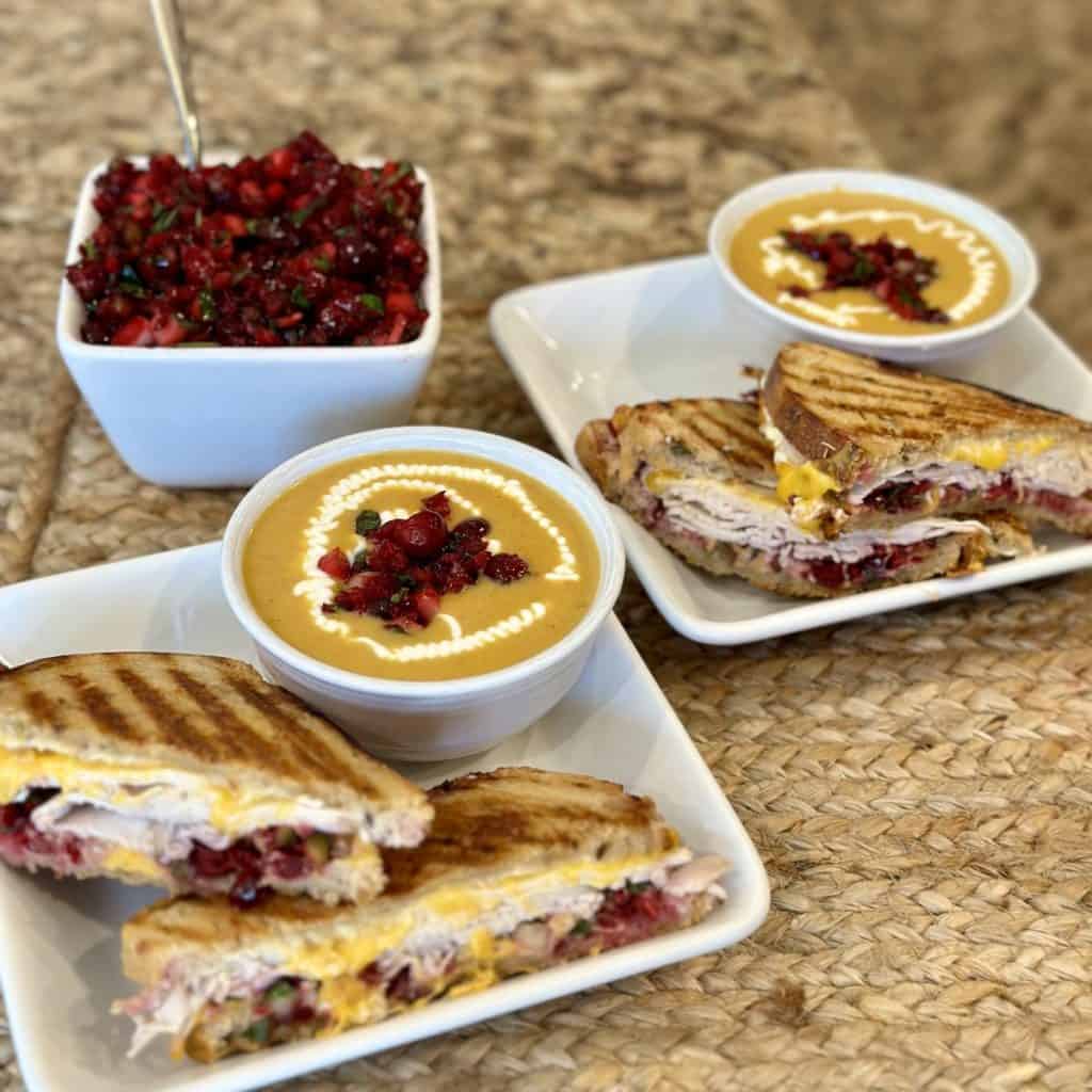 Turkey sandwiches and soup with cranberry jalapeno salsa.