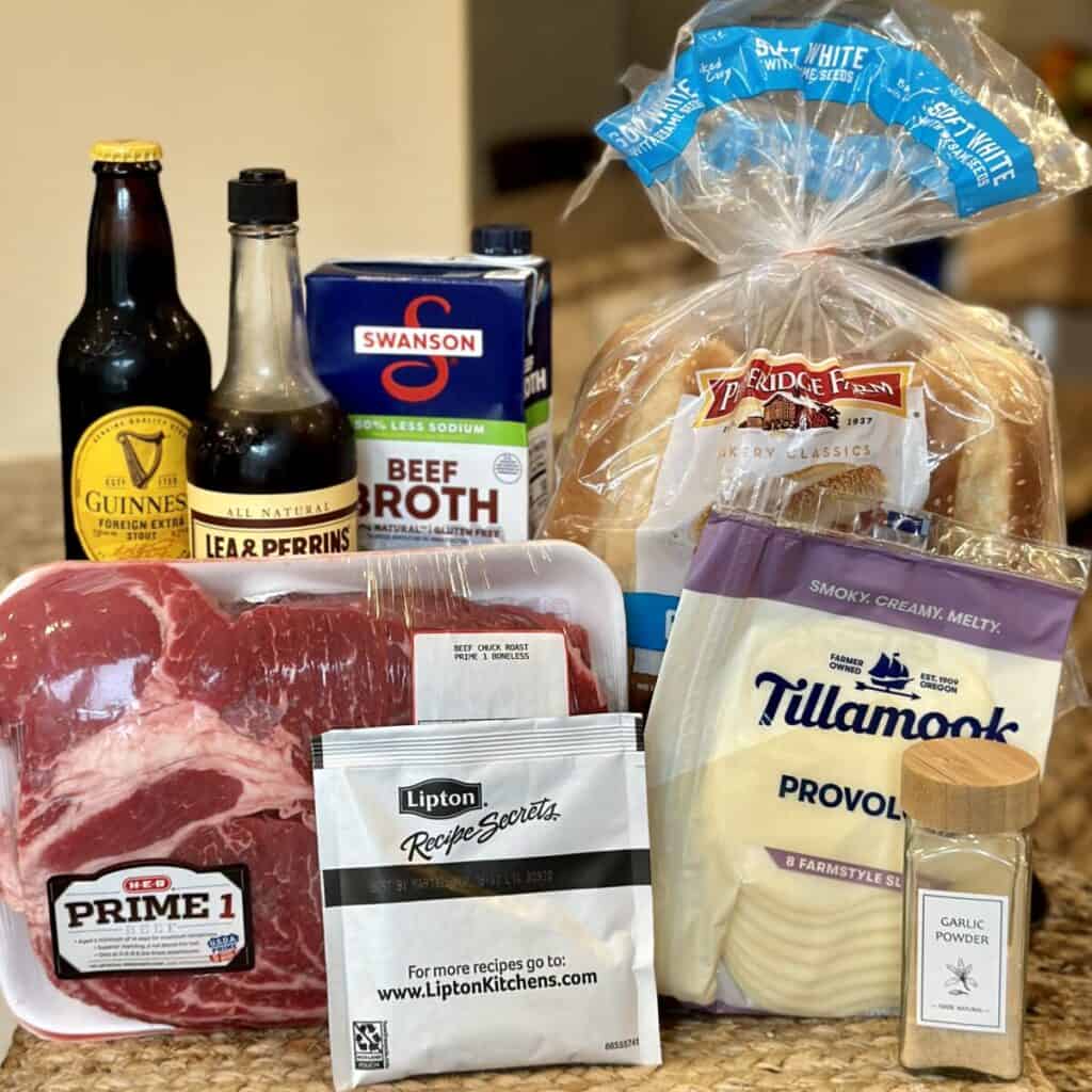 The ingredients to make a French dip sandwich in the crockpot.