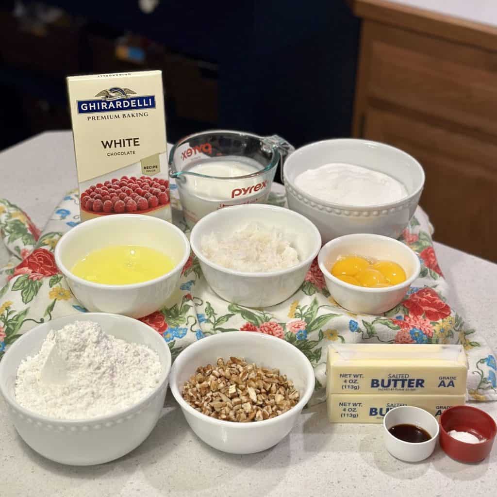 The ingredients to make white chocolate cake.