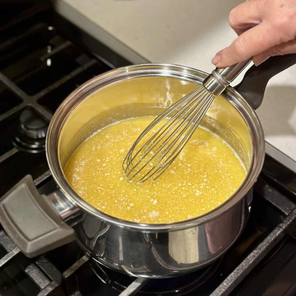 Whisking butter in a skillet.