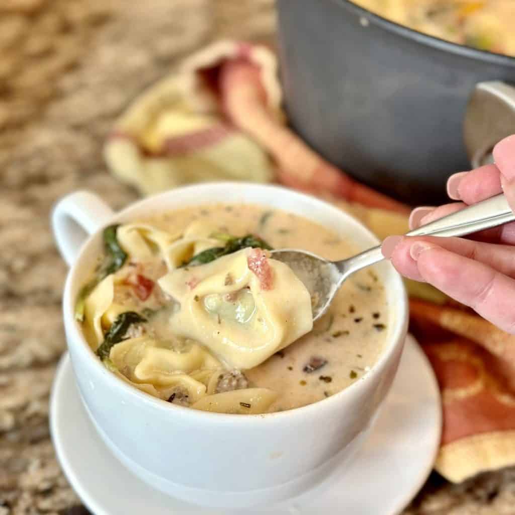 A bowl of sausage tortellini soup.