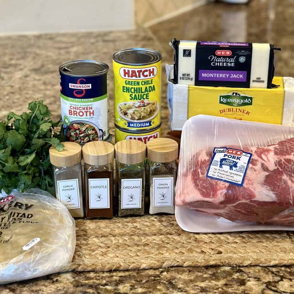 The ingredients to make pork verde enchiladas.