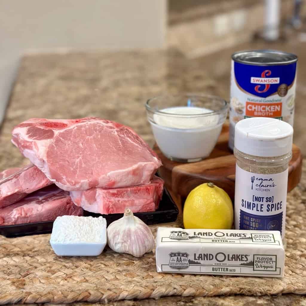 Ingredients to make creamy garlic pork chops.
