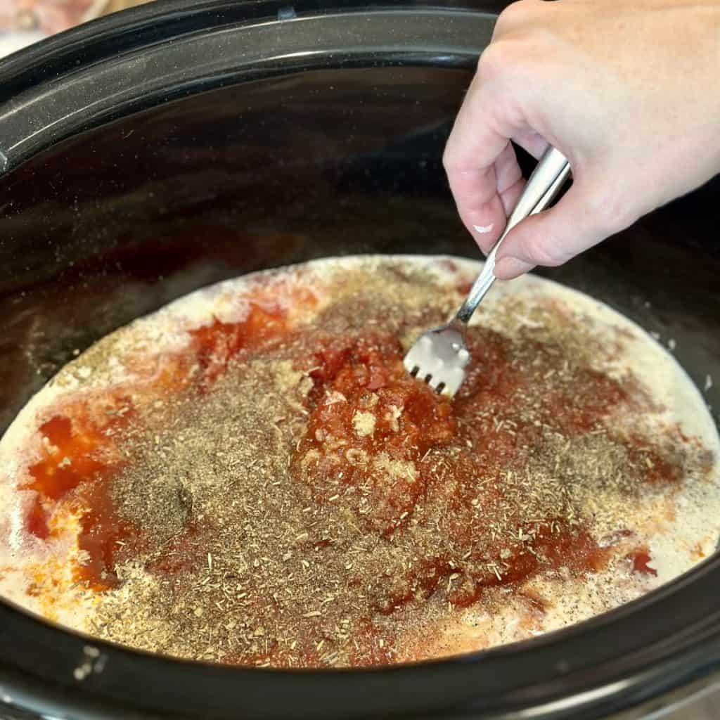 Adding spices to a crockpot mixture.