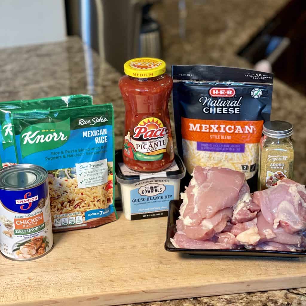ingredients for queso chicken and rice on tabletop