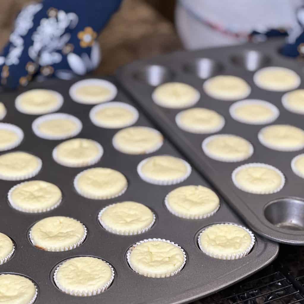 the baked cheesecakes are set in the muffin pan