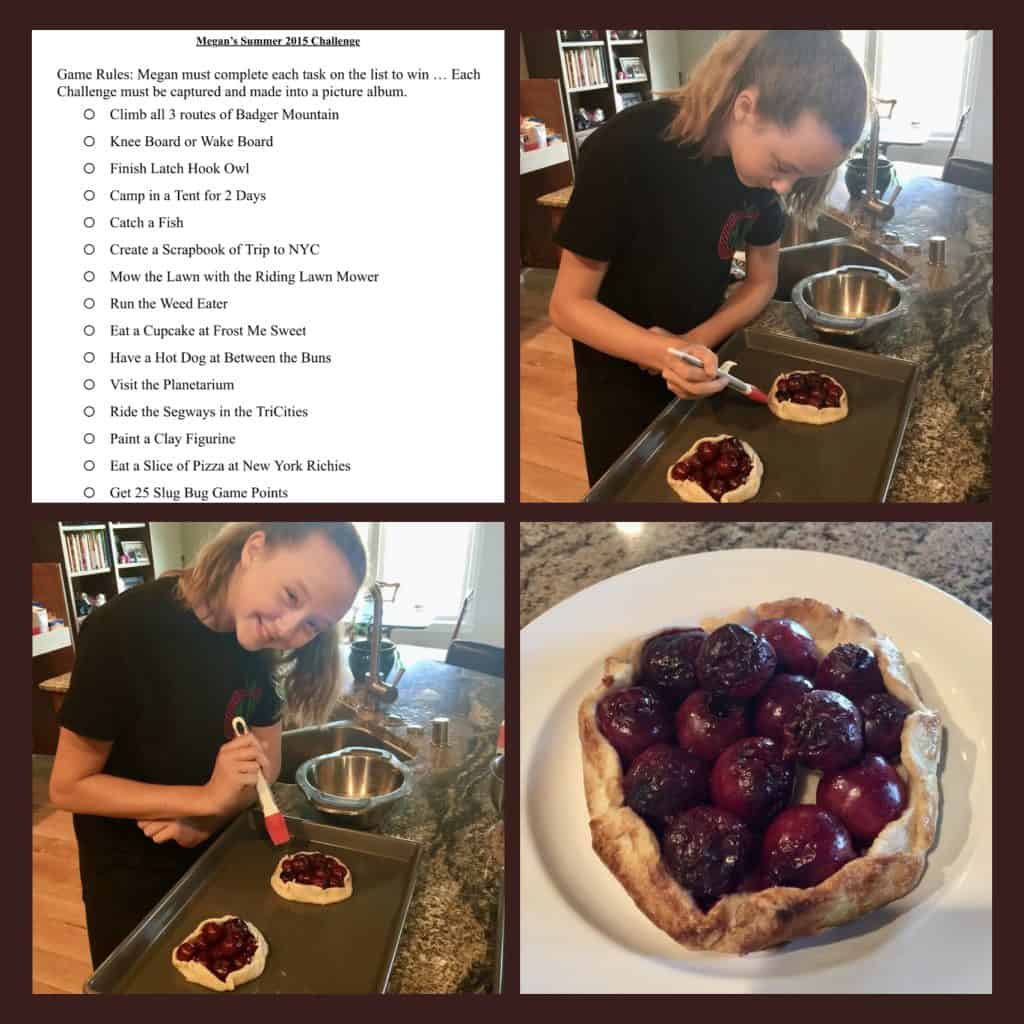 photo collage of a girl making cherry crisp