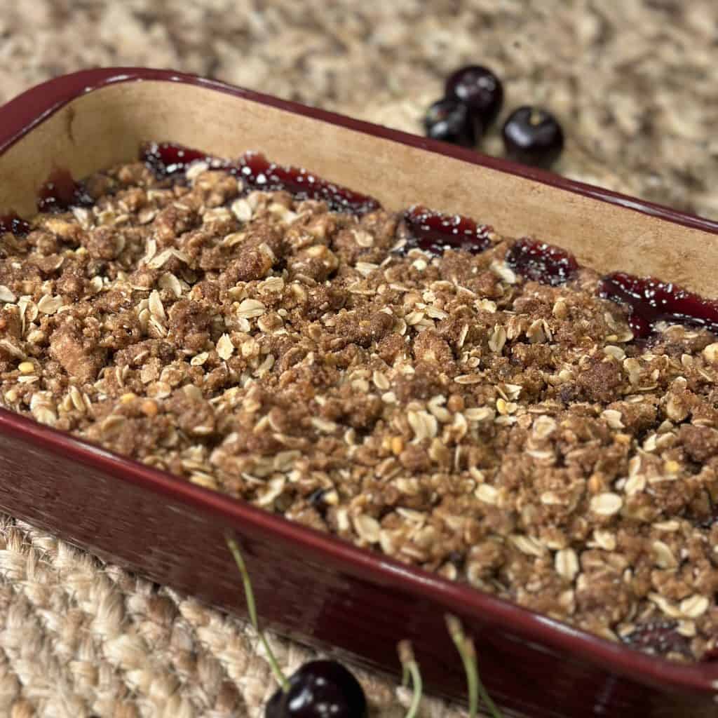 baked cherry crisp in a baking dish