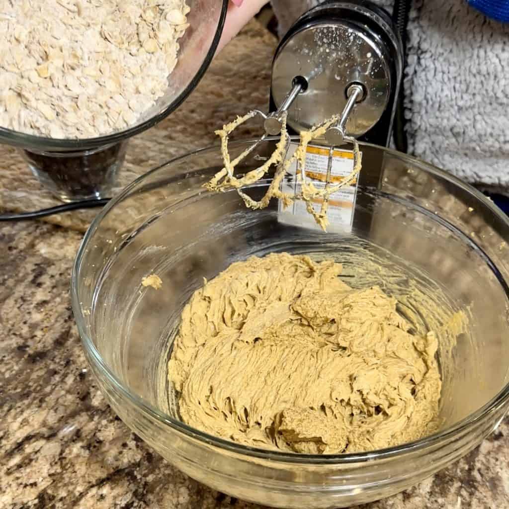 butter and brown and granulated sugar beaten with a hand mixer