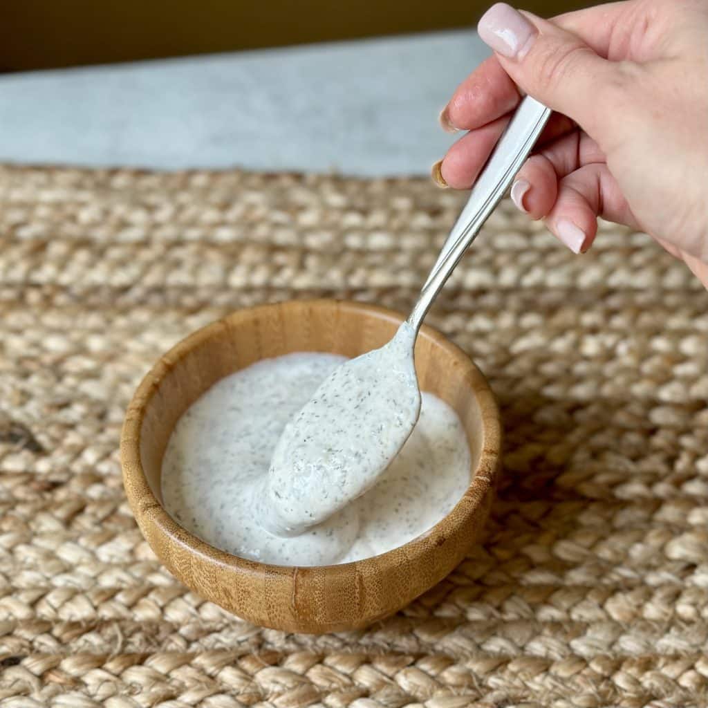 Homemade ranch seasoning mixed to make ranch dressing