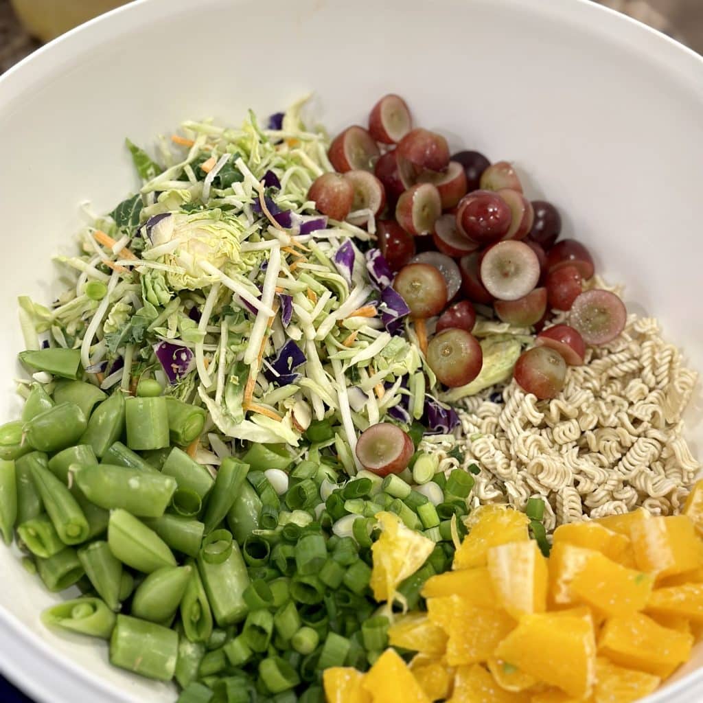 ramen salad ingredients in a bowl