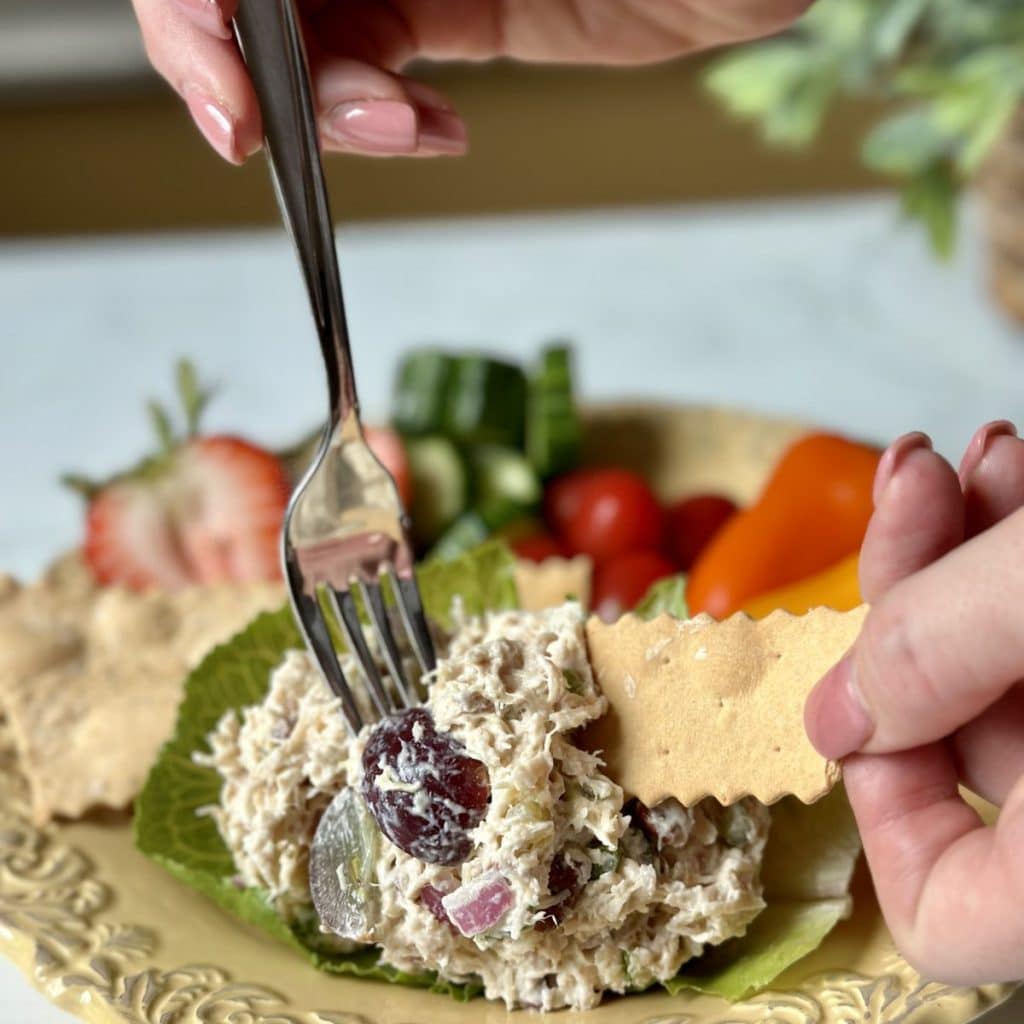 A scoop of chicken salad being spread on a cracker with fruit and veggies on the side