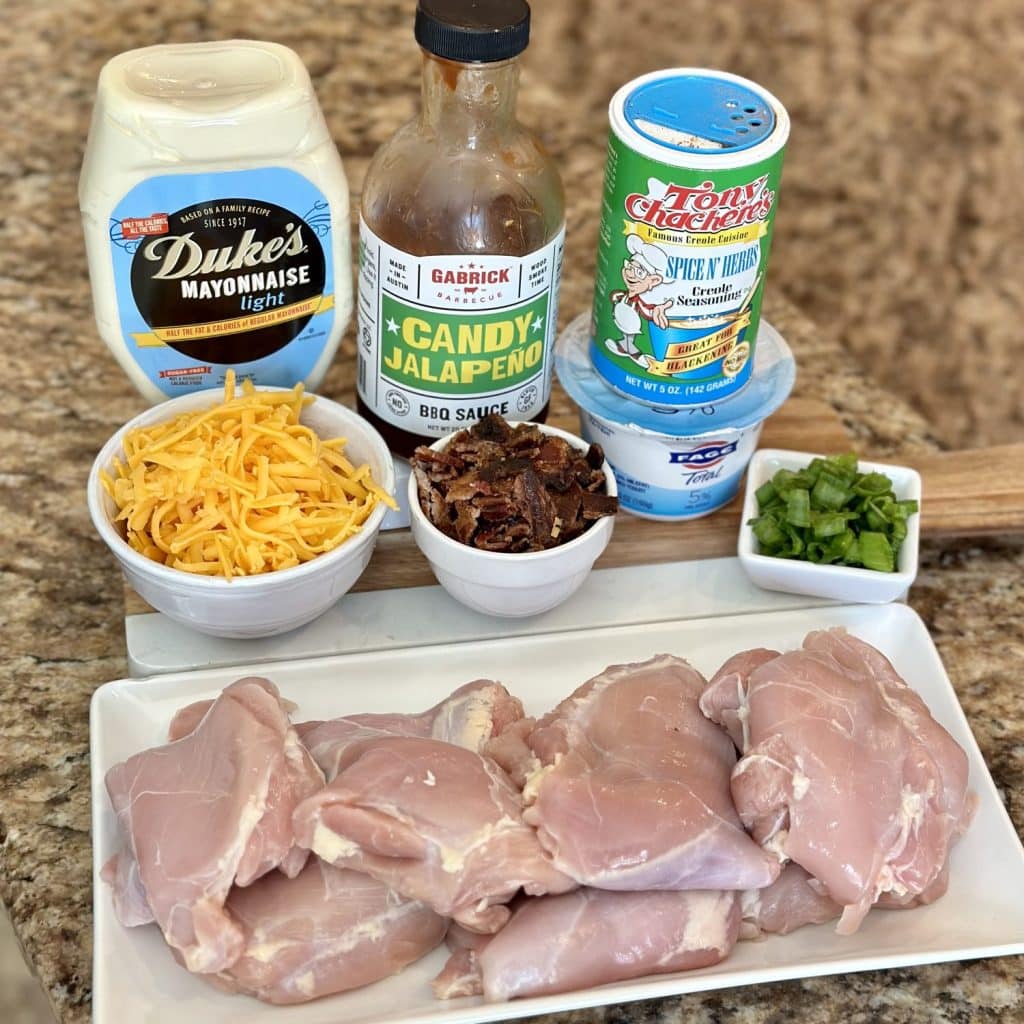 Ingredients for Bacon Cheddar Barbecue Chicken displayed on a countertop