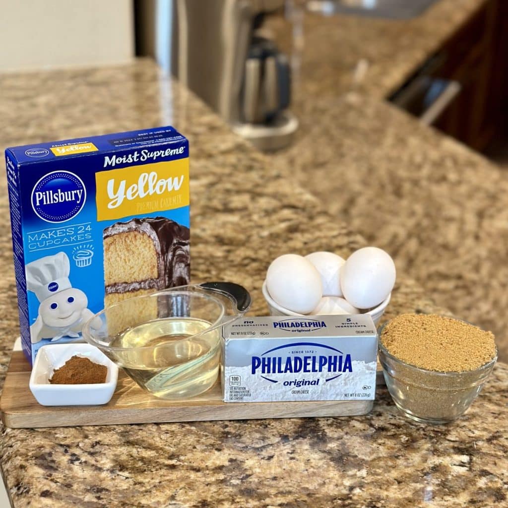 Ingredients for honey bun cake are shown on a table