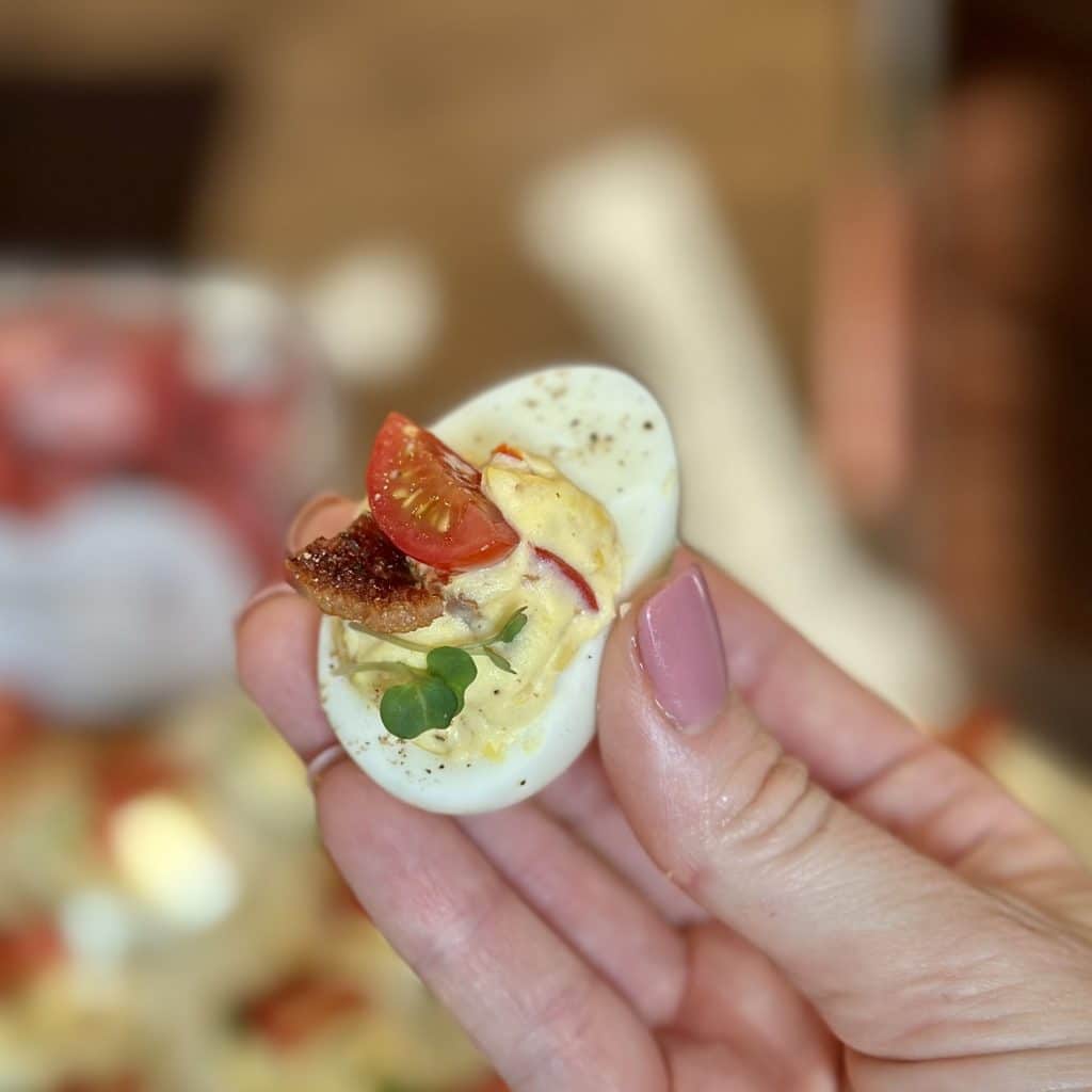 Close up of a completed Deluxe BLT Deviled Egg