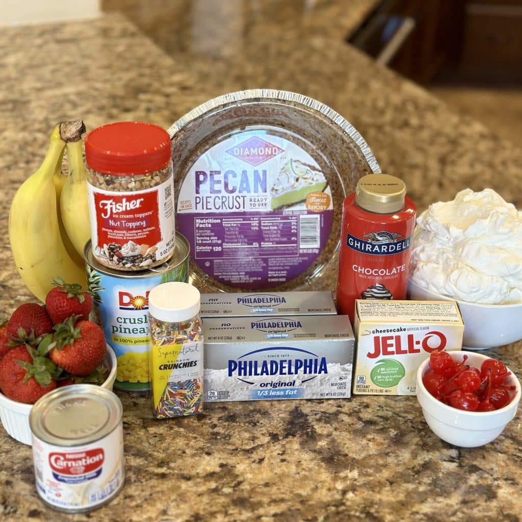 The ingredients to make a banana split pie.