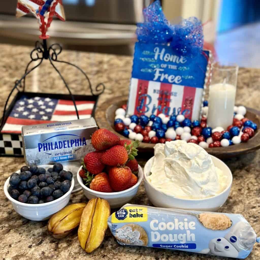The ingredients needed to make a 4th of July cookie cake.