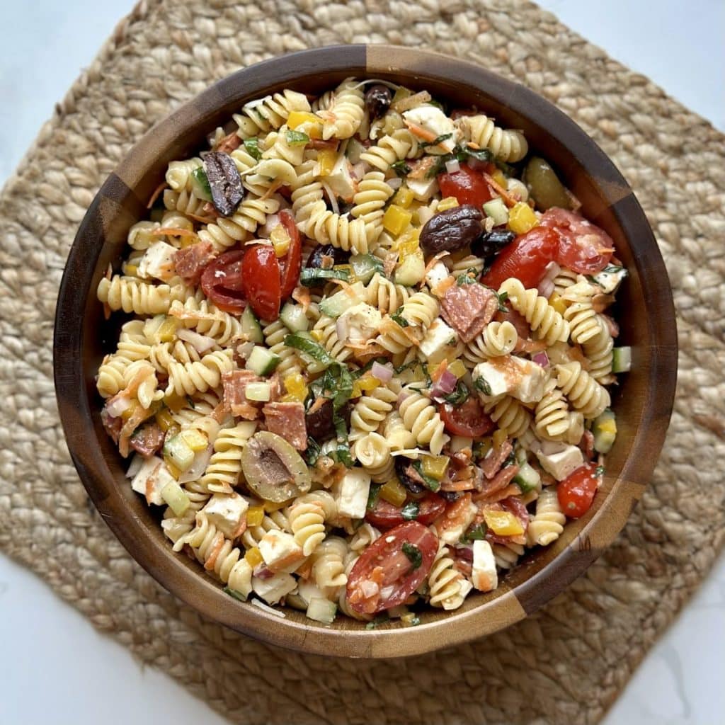 A bowl of pasta salad