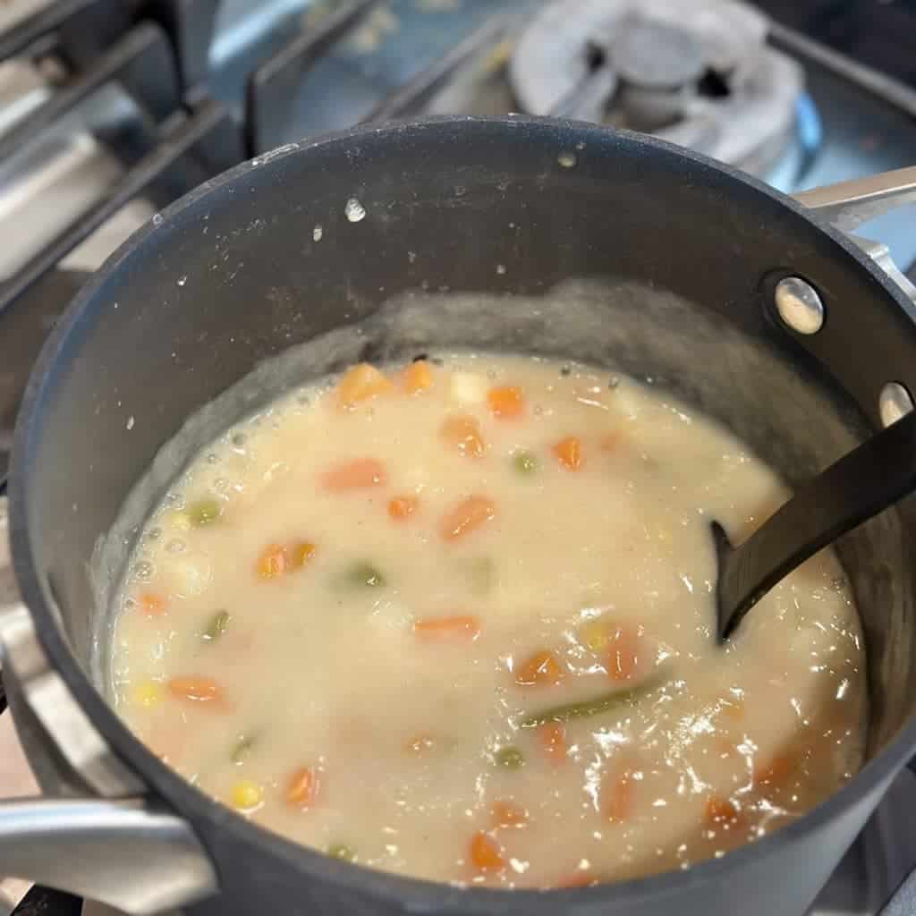 Mixing soup in a pan with cream and vegetables.