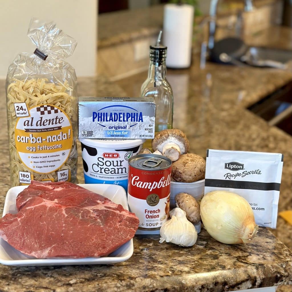 The ingredients to make crockpot beef stroganoff.