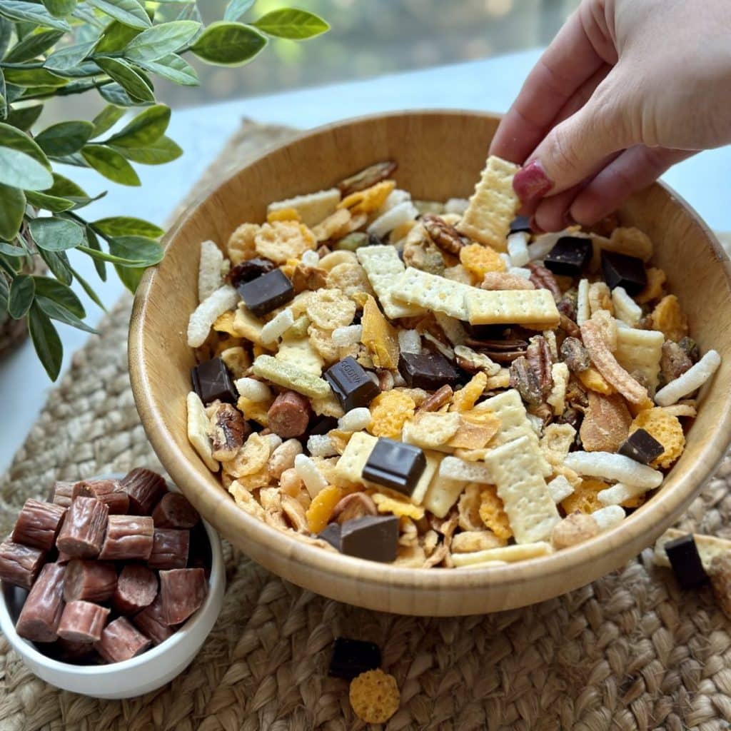 A bowl of charcuterie party mix.
