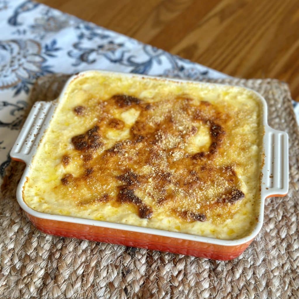 A pan of macaroni and cheese.