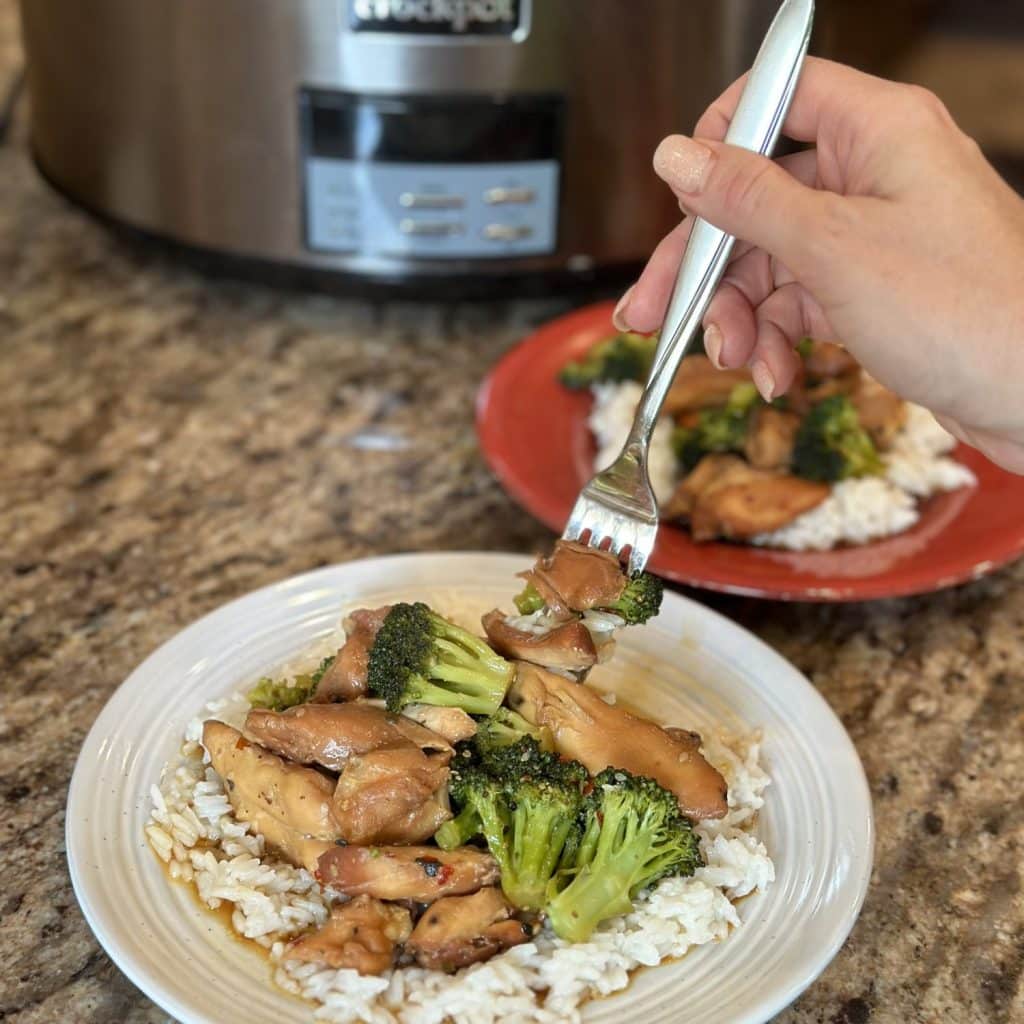 A plate of rice topped with teriyaki chicken and broccoli.