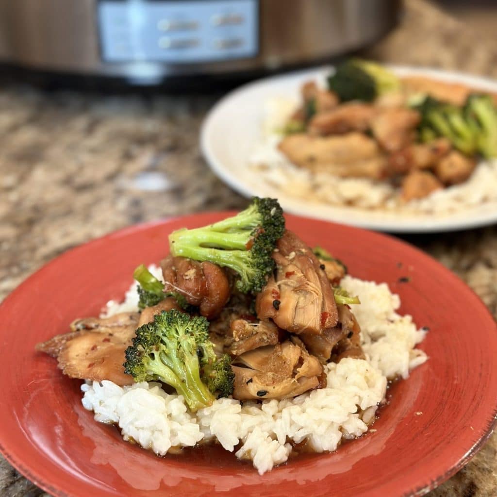 A plate of rice topped with teriyaki chicken and broccoli.