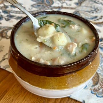 A bowl of chicken gnocchi soup.