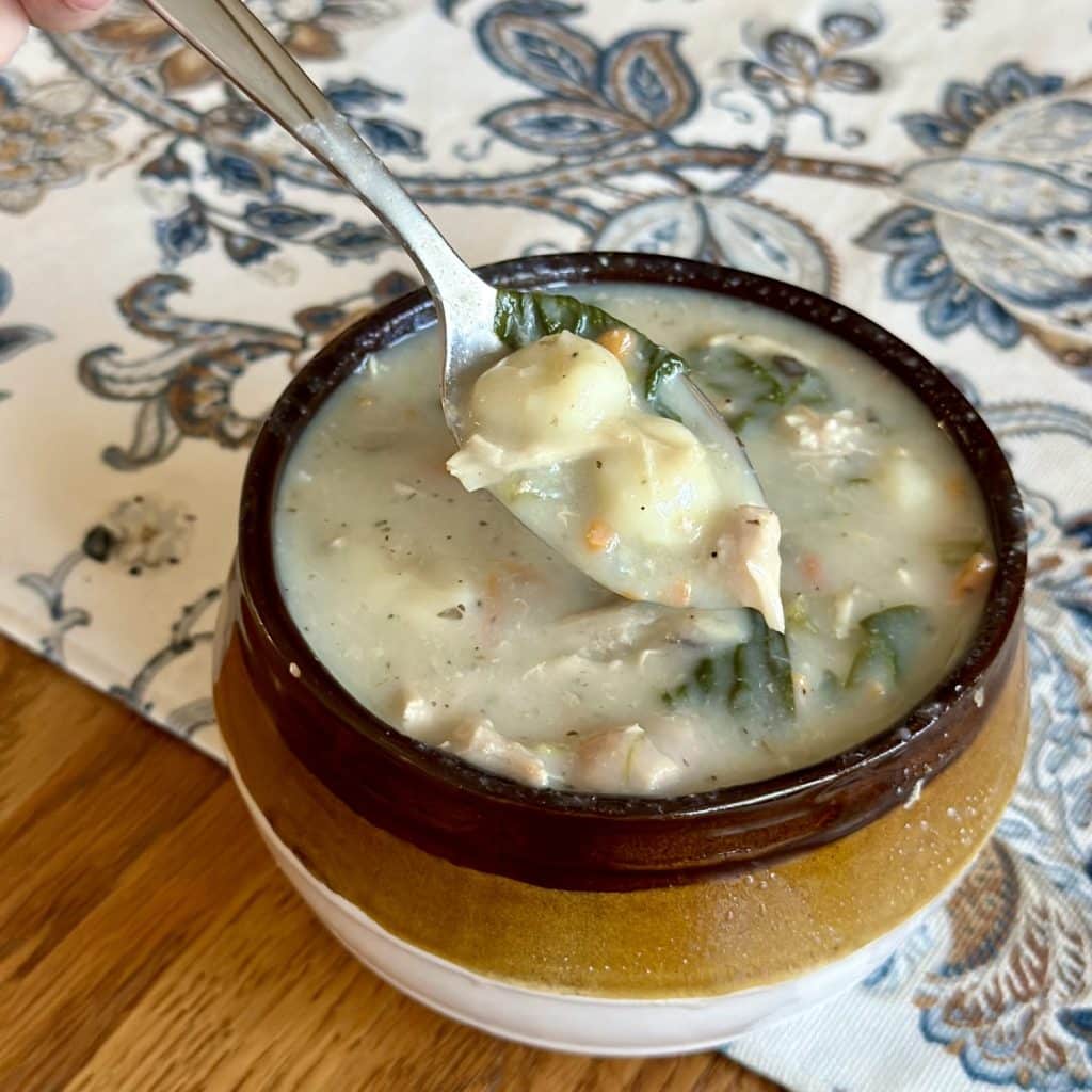 A spoonful of chicken gnocchi soup.